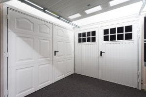 white panelled garage door and white glazed garage door
