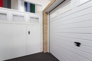 white panelled garage door and white glazed garage door