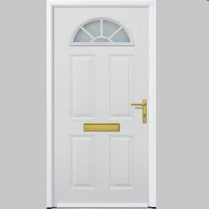 White ThermoPro door with and arched window at the top gold handle, letter box.