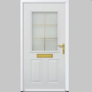 White ThermoPro door with gold handle, letter box and frame in the window.
