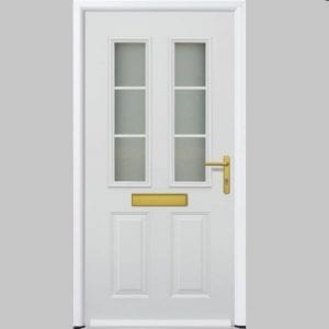 White ThermoPro door with gold handle and letter box.